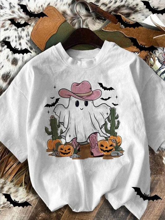 Women's Ghost & Pumpkin Print Round Neck Tee, Casual Halloween Graphic Short Sleeve T-Shirt for Summer, Ladies Clothes for Daily Wear, Tops