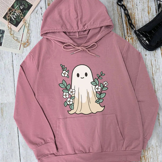 Women's Ghost Print Drawstring Hoodie, Fashion Casual Long Sleeve Pocket Hooded Sweatshirt for Halloween Daily Holiday Outdoor Wear, Women Clothing for Fall & Winter