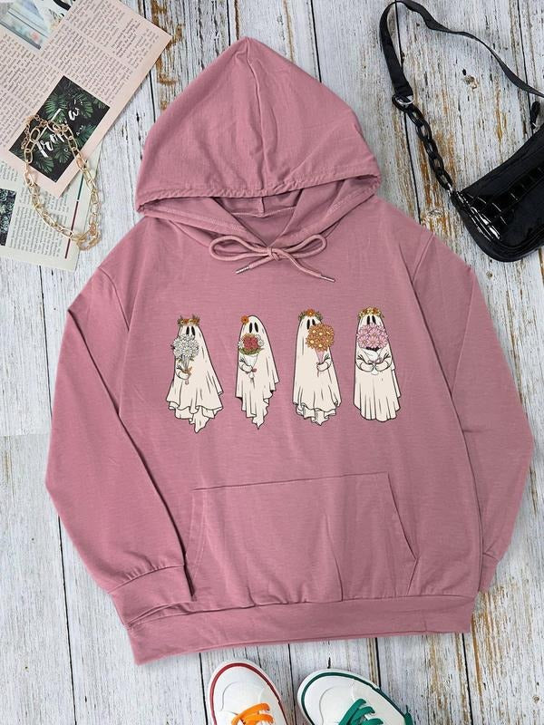Women's Ghost Print Drop Shoulder Drawstring Hoodie, Fashion Casual Pocket Hooded Sweatshirt for Daily Holiday Outdoor Wear, Women Clothing for Fall & Winterstyle{n002}2