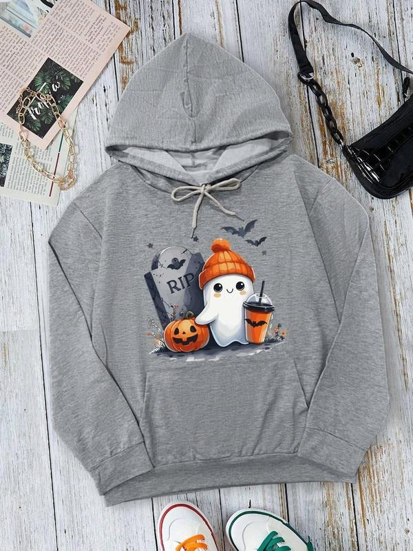 Women's Ghost Print Drop Shoulder Hoodie, Fashion Casual Drawstring Pocket Hooded Sweatshirt for Halloween Daily Holiday Outdoor Wear, Women Clothing for Fall & Winter