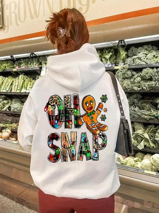 Women's Gingerbread Man & Letter Print Drop Shoulder Hoodie, Fashion Casual Drawstring Pocket Hooded Sweatshirt for Daily Holiday Outdoor Wear, Ladies Clothes for All Seasons