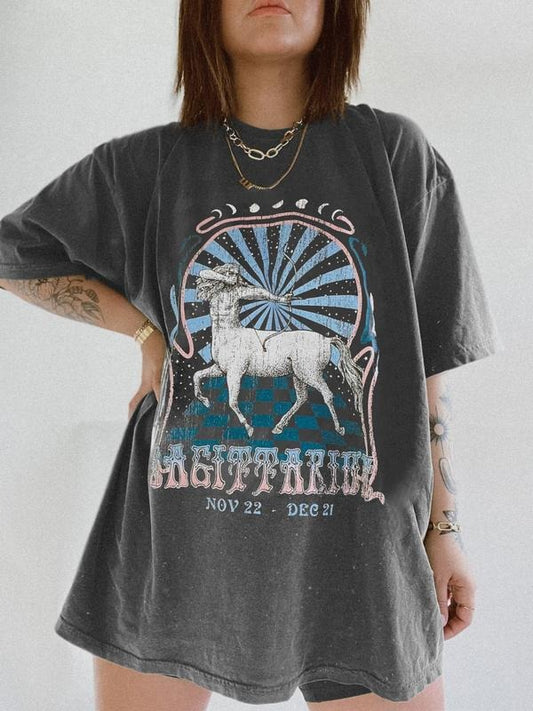 Women's Goat & Letter  Print Round Neck Tee, Casual Figure Half  Sleeve T-shirt for Summer, Ladies Clothes for Daily...