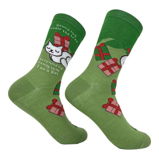 Women's Gonna Lay Under The Tree To Remind My Family I Am A Gift Socks Funny Xmas Kitten Footwear Funny Graphic Socks Comfortable Fitted Spandex Cotton
