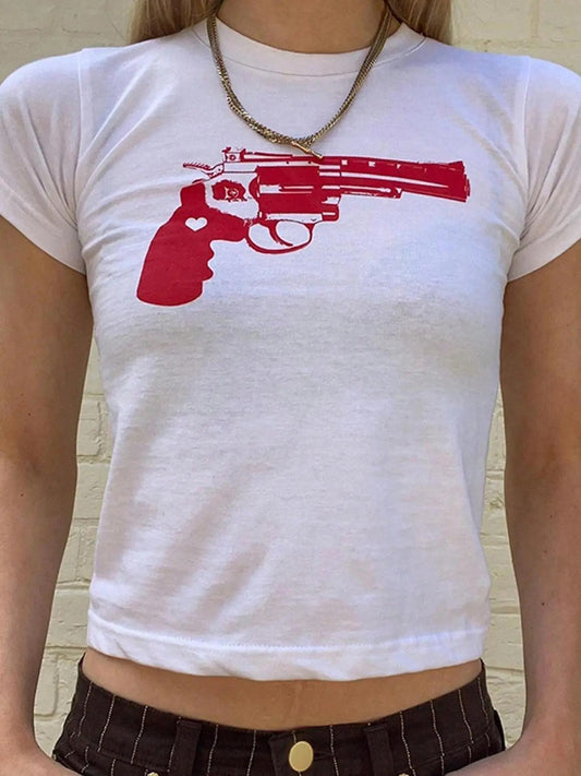 Women's Gun Print Round Neck Crop Tee, Fashion Casual Crew Neck Short Sleeve T-shirt for Daily Holiday Vacation Outdoor Wear, Ladies Clothes for All Seasons
