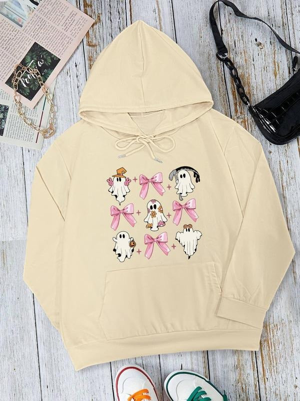 Women's Halloween Cartoon Ghost Print Drawstring Pocket Hoodie, Fashion Casual Long Sleeve Hooded Sweatshirt for Daily Holiday Outdoor Wear, Women Clothing for Fall & Winter