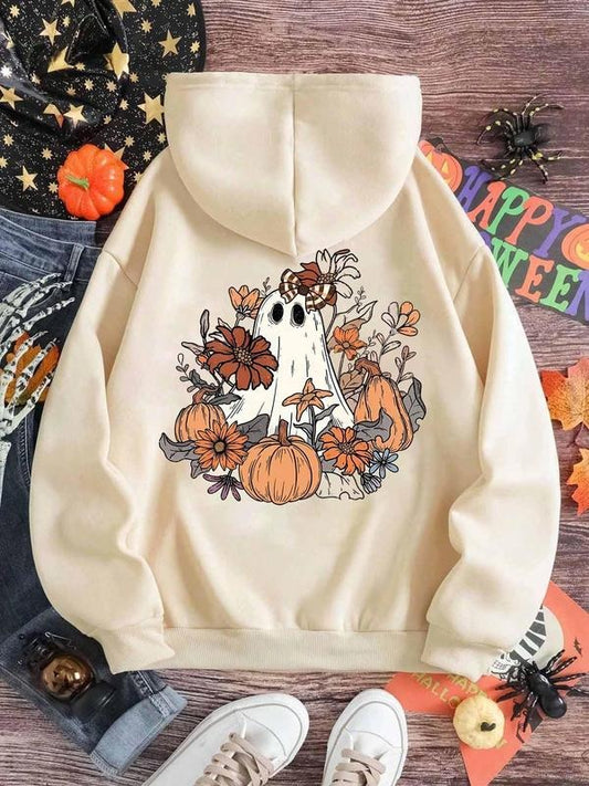 Women's Halloween Cartoon Ghost Print Drop Shoulder Hoodie, Fashion Casual Drawstring Pocket Hooded Sweatshirt for Daily Holiday Outdoor Wear, Ladies Clothes for All Seasons