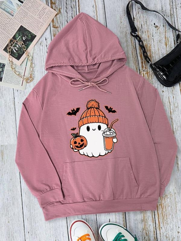 Women's Halloween Cartoon Ghost Print Drop Shoulder Hoodie, Fashion Casual Drawstring Pocket Hooded Sweatshirt for Daily Holiday Outdoor Wear, Women Clothing for Fall & Winter