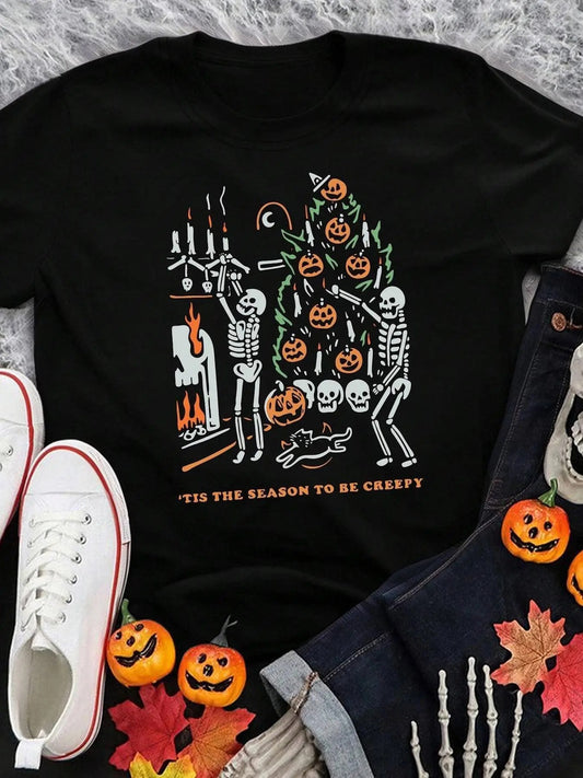 Women's Halloween Cartoon Skull & Letter Print Round Neck Tee, Fashion Casual Short Sleeve T-shirt for Daily Holiday Vacation Outdoor Wear, Ladies Clothes for Summer