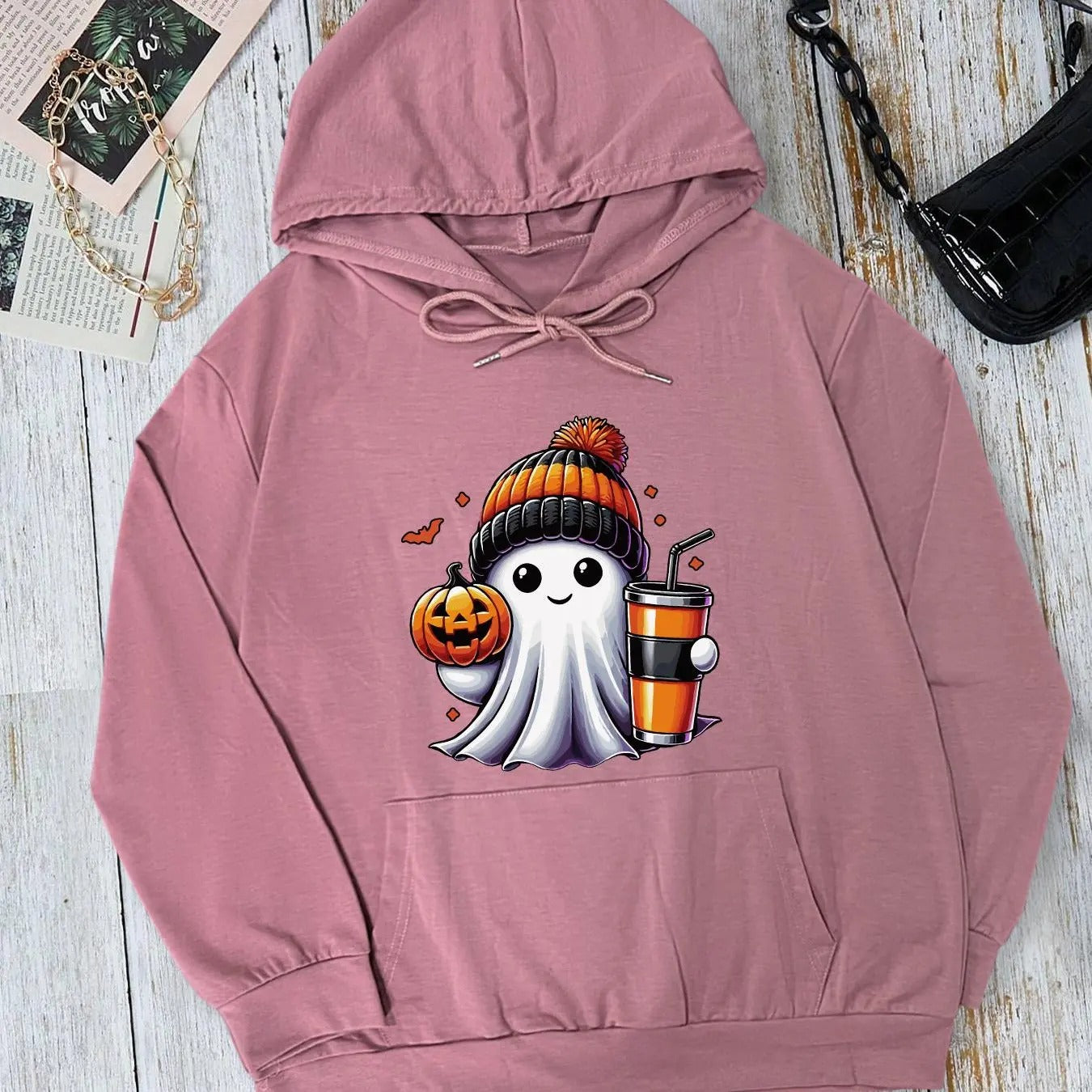Women's Halloween Ghost Print Drop Shoulder Hoodie, Fashion Casual Drawstring Pocket Hooded Sweatshirt for Daily Holiday Outdoor Wear, Women Clothing for Fall & Winterstyle{n002}2