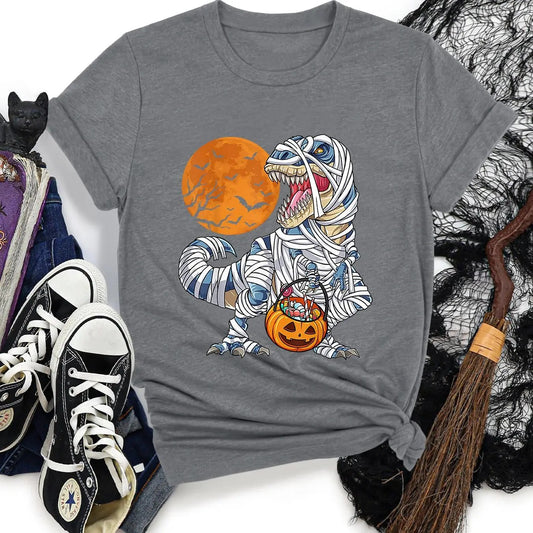 Women's Halloween Pumpkin &  Dinosaur Print Round Neck Tee, Fashion Casual Short Sleeve T-shirt for Daily Holiday Vacation Outdoor Wear, Ladies Clothes for All Seasons