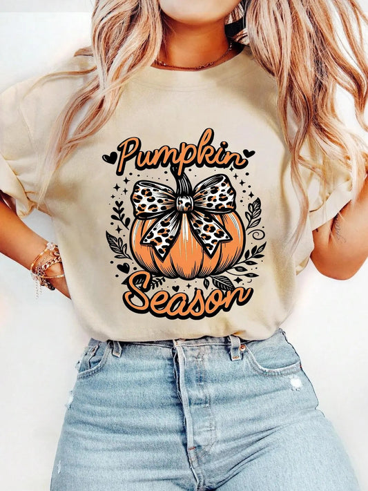 Women's Halloween Pumpkin & Letter Print  Drop Shoulder Tee, Fashion Casual Crew Neck T-shirt for Daily Holiday Vacation Outdoor Wear, Ladies Clothes for All Seasons