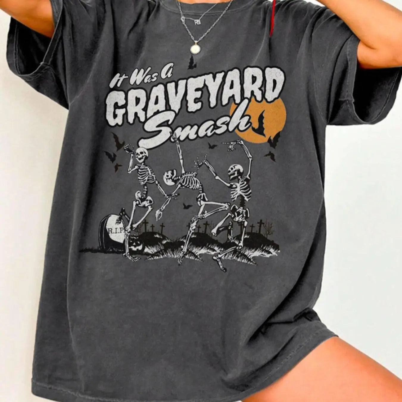 Women's Halloween Skeleton & Letter Print Drop Shoulder Tee, Casual Comfy  Half Sleeve Round Neck T-shirt for Summer,...