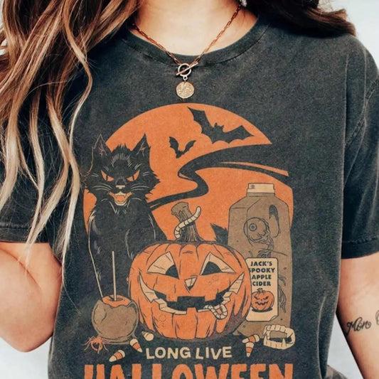 Women's Halloween Themed Cartoon Cat & Pumpkin Print Round Neck Tee, Fashion Casual Drop Shoulder Half Sleeve T-shirt for Daily Holiday Vacation Outdoor Wear, Women Crewneck Tops for Summer