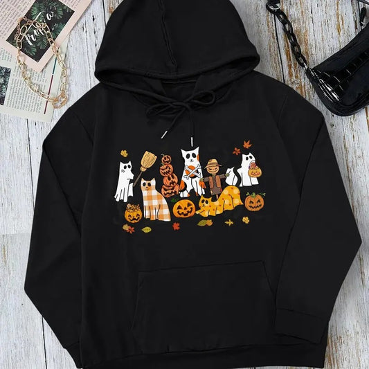 Women's Halloween Themed Cartoon Ghost Cat Print Drop Shoulder Hoodie, Fashion Casual Drawstring Pocket Hooded Sweatshirt for Daily Holiday Outdoor Wear, Ladies Clothes for Fall & Winter Sweatshirt, Hoodie, Comfort Colors