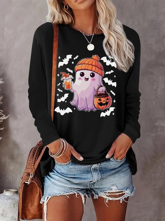 Women's Halloween Themed Cartoon Ghost Print Round Neck Tee, Cute Casual Long Sleeve T-Shirt for Daily Wear, Ladies Fall...