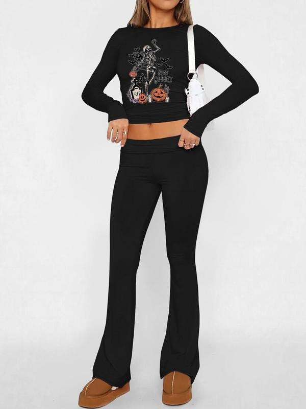 Women's Halloween Themed Cartoon Pumpkin Print Crop Tee & Flare Leg Pants Two-piece Set, Casual Round Neck Long Sleeve Top & High Waist Bell Bottom Trousers for Daily Outdoor Wear, Women's Clothing for Fall & Winter