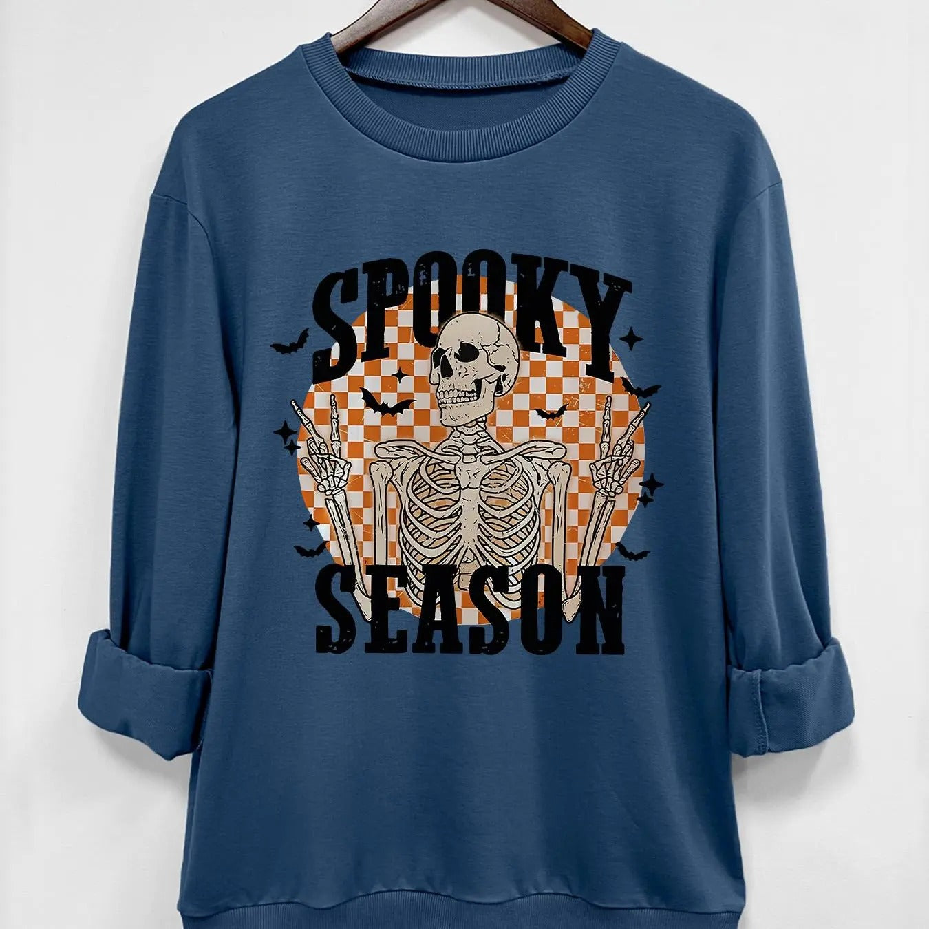 Women's Halloween Themed Cartoon Skeleton Print Drop Shoulder Pullover, Fashion Casual Long Sleeve Crew Neck Sweatshirt for Daily Holiday Outdoor Wear