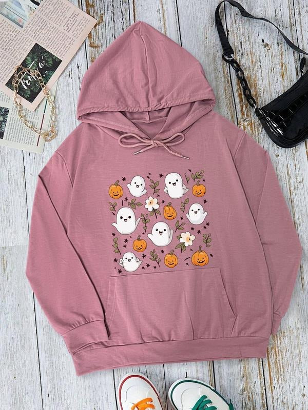 Women's Halloween Themed Ghost & Pumpkin Print Drop Shoulder Hoodie, Fashion Casual Drawstring Pocket Hooded Sweatshirt for Daily Holiday Outdoor Wear