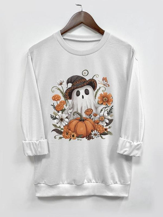 Women's Halloween Themed Ghost & Pumpkin Print Round Neck Tee, Fashion Casual Long Sleeve T-shirt for Daily Holiday Vacation Outdoor Wear, Women Tops for Fall & Winter