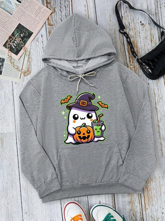 Women's Halloween Themed Ghost Graphic Print Drawstring Pocket Hoodie, Fashion Casual Drop Shoulder Long Sleeve Hooded Sweatshirt for Daily Holiday Outdoor Wear, Women Clothing for Fall & Winter