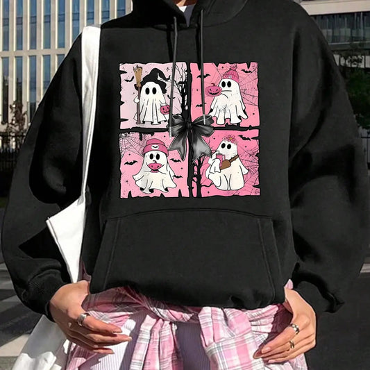 Women's Halloween Themed Ghost Print Drop Shoulder Hoodie, Fashion Casual Drawstring Pocket Hooded Sweatshirt for Daily Holiday Outdoor Wear, Ladies Clothes for All Seasons
