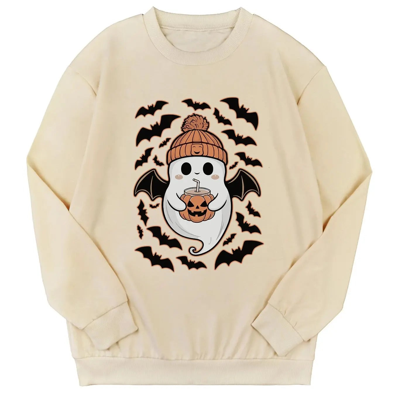 Women's Halloween Themed Ghost Print Drop Shoulder Sweatshirt, Casual Long Sleeve Round Neck Pullover for Daily Wear, Ladies Fall & Winter Clothes