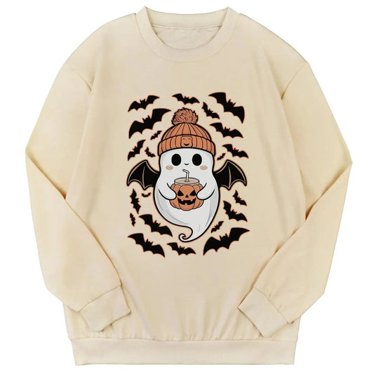 Women's Halloween Themed Ghost Print Drop Shoulder Sweatshirt, Casual Long Sleeve Round Neck Pullover for Daily Wear,...