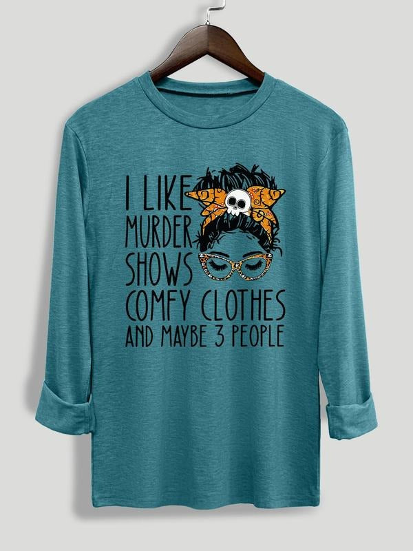 Women's Halloween Themed Letter Print Round Neck Tee, Fashion Casual Crew Neck Long Sleeve T-shirt for Daily Holiday Vacation Outdoor Wear, Women's Clothing for Fall & Winter