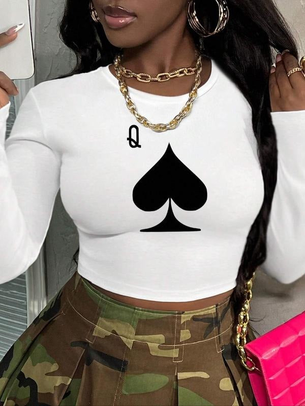 Women's Heart & Letter Print Round Neck Crop Tee, Casual Long Sleeve Crew Neck T-shirt for Daily Wear, Ladies Clothes for...