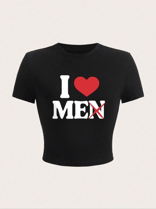 Women's Heart & Letter Print Round Neck Crop Tee, Summer Clothes Women, Casual Crew Neck Short Sleeve Cropped T-shirt for Summer, Ladies Clothes for Daily Wear