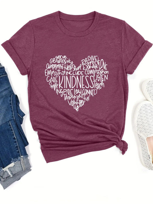 Women's Heart & Letter Print Round Neck Graphic Tee, Vintage Trendy Casual Short Sleeve T-shirt For Daily Wear, Ladies...