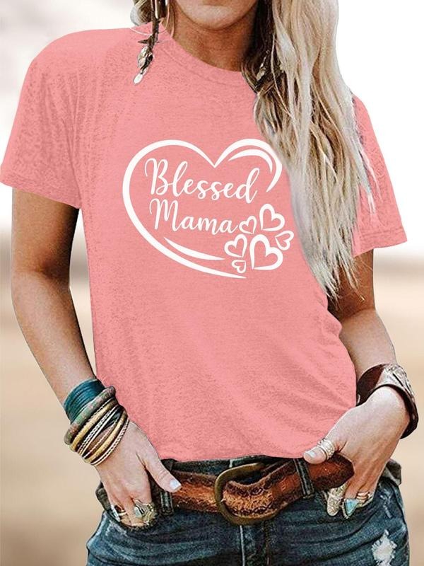 Women's Heart & Letter Print Round Neck Tee, Fashion Casual Crew Neck T-Shirt for Daily Holiday Vacation Outdoor Wear, Ladies Clothes for All Seasons, Top