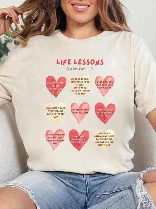 Women's Heart & Letter Print Round Neck Tee, Fashion Casual Crew Neck T-Shirt for Daily Holiday Vacation Outdoor Wear, Ladies Clothes for Spring