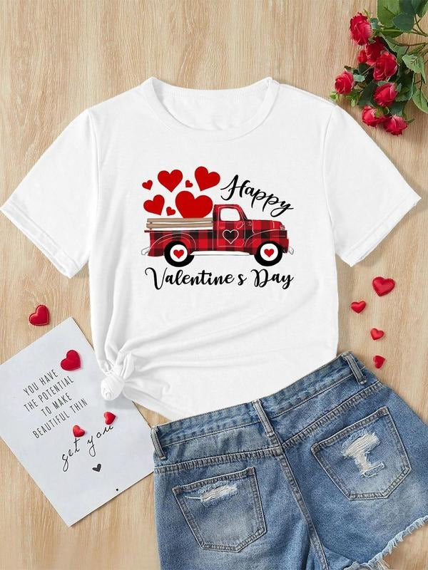 Women's Heart Car Print Round Neck Tee, Casual Letter Graphic Short Sleeve T-shirt for Daily Wear, Ladies Summer Outfit, Top