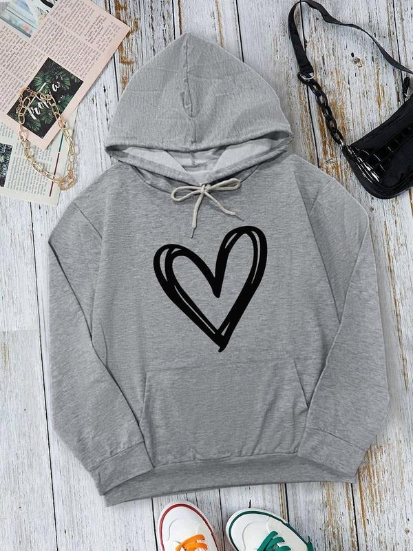 Women's Heart Print Drop Shoulder Hoodie, Fashion Casual Drawstring Pocket Hooded Sweatshirt for Daily Holiday Outdoor Wear, Women Clothing for Fall & Winter