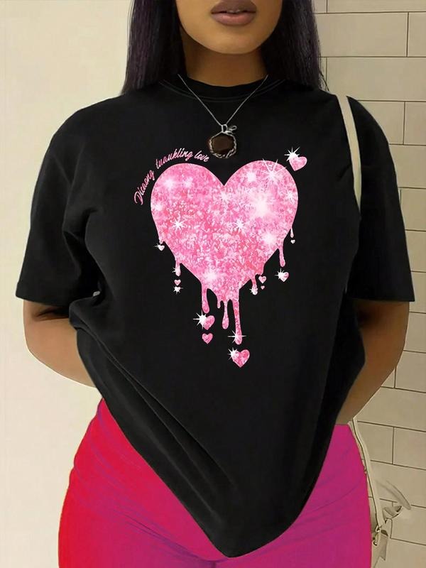 Women's Heart Print Round Neck Short Sleeve Tee, Fashion Casual Crew Neck T-Shirt for Daily Holiday Vacation Outdoor Wear, Ladies Clothes for All Seasons