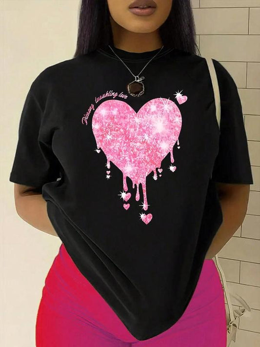 Women's Heart Print Round Neck Short Sleeve Tee, Fashion Casual Crew Neck T-Shirt for Daily Holiday Vacation Outdoor Wear, Ladies Clothes for All Seasons