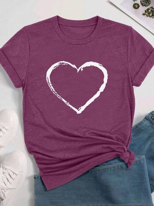 Women's Heart Print Round Neck Tee, Fashion Casual Crew Neck Short Sleeve T-shirt for Daily Holiday Vacation Outdoor Wear, Ladies Clothes for All Seasons