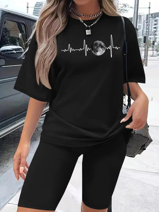 Women's Heartbeat Print Short Sleeve Tee & Skinny Shorts Two-Piece Set, Casual Round Neck T-Shirt & Shorts for Daily...