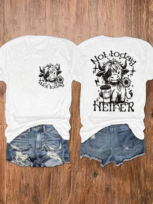 Women's Highland Cow & Letter Print Round Neck Tee, Vintage Trendy Casual Short Sleeve T-shirt for Daily Wear, Ladies All Seasons Outfit