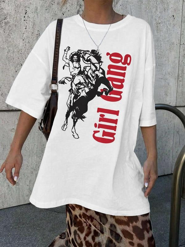 Women's Horse & Letter Print Round Neck Tee, Casual Short Sleeve Crew Neck T-shirt for Summer, Fashion Women's Top for Daily Wear