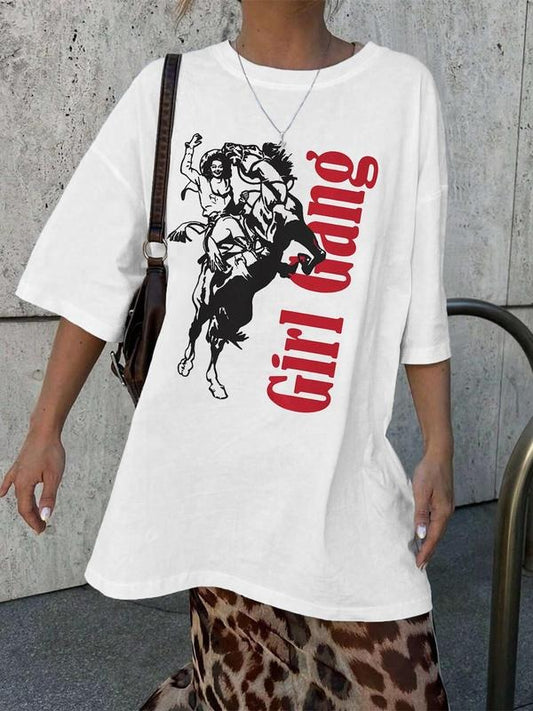 Women's Horse & Letter Print Round Neck Tee, Casual Short Sleeve Crew Neck T-shirt for Summer, Fashion Women's Top for Daily Wear