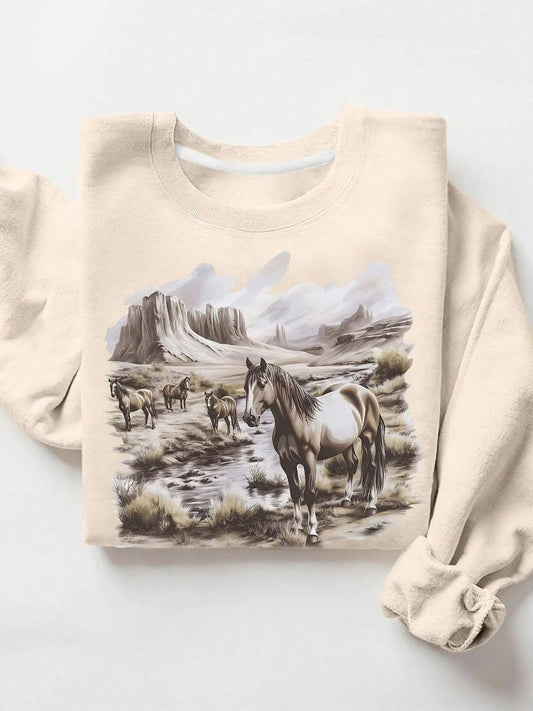 Women's Horse Print Crew Neck Sweatshirt, Casual Long Sleeve Pullover for Fall & Winter, Women's Clothes for Daily Wear
