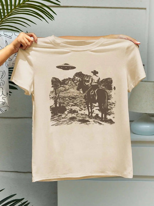 Women's Horse Print Round Neck Tee, Vintage Trendy Casual  Short Sleeve T-shirt for Daily Wear, Ladies All Seasons Clothes