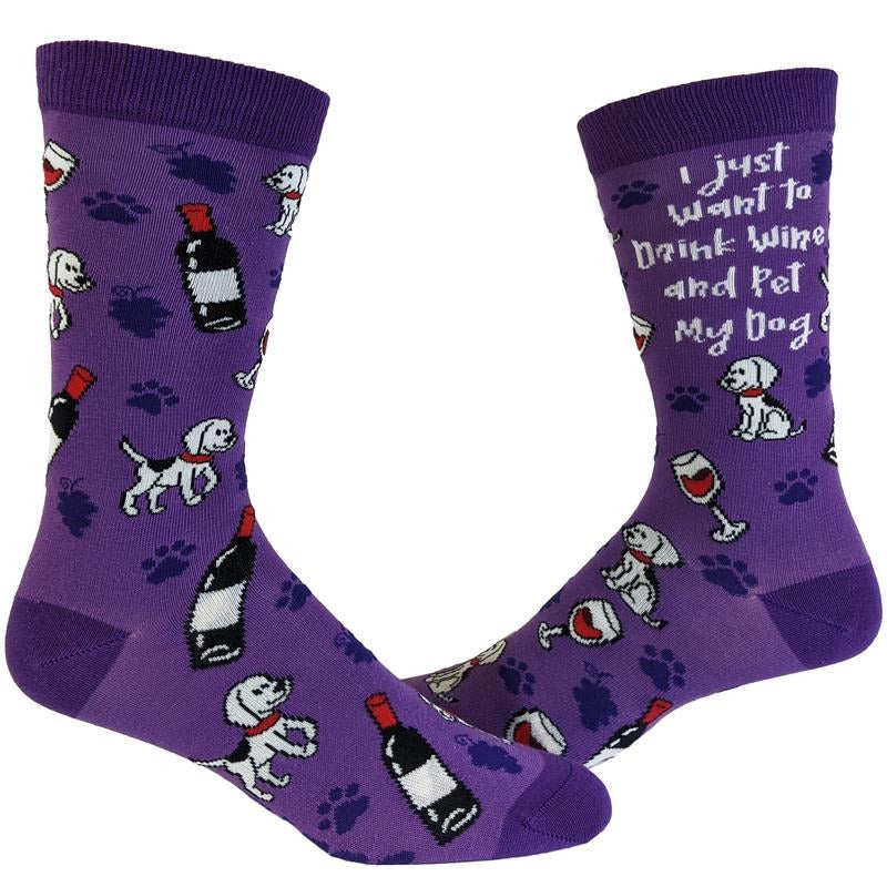 Women's I Just Want To Drink Wine And Pet My Dog Socks Funny Pet Puppy Animal Lover Vintage Novelty Footwear Funny Graphic Socks Comfortable Fitted Spandex Cotton