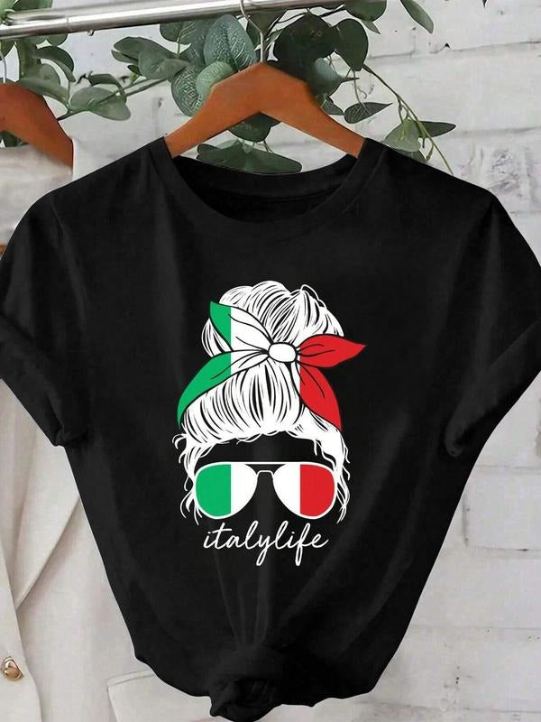 Women's Italy Flag & Letter Print Round Neck Graphic Tee, Vintage Trendy Casual Short Sleeve T-shirt for Daily Wear, Ladies Summer Outfit, Top