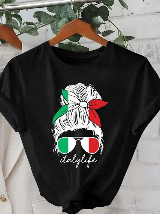 Women's Italy Flag & Letter Print Round Neck Graphic Tee, Vintage Trendy Casual Short Sleeve T-shirt for Daily Wear,...