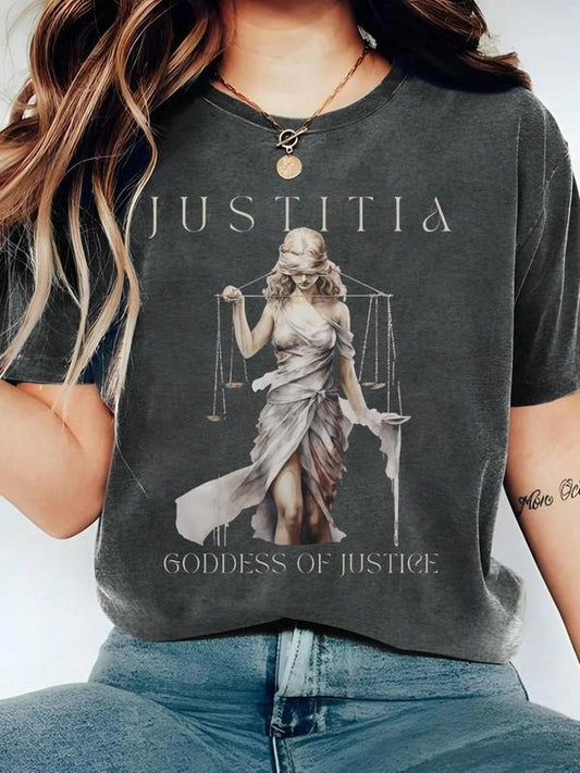 Women's Justice Graphic Round Neck Tee, Fashion Casual Crew Neck T-Shirt for Daily Holiday Vacation Outdoor Wear, Ladies Clothes for Summer