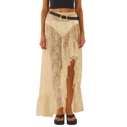 Women's Lace Long Skirts Vintage High Waist Solid Color Asymmetrical Hem Ruffle Midi Skirts Flowy Skirts Womenswear...