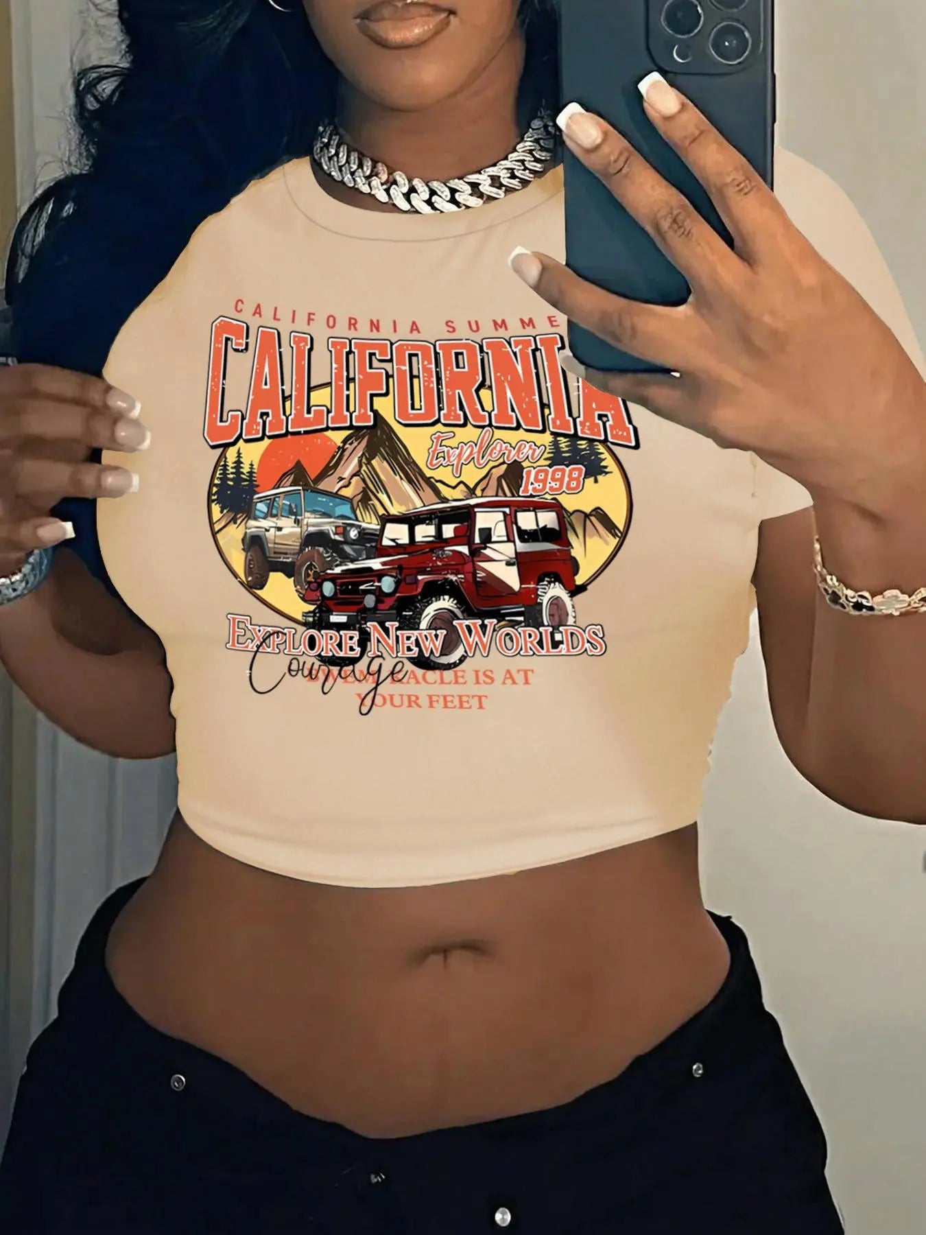 Women's Landscape & Letter Print Round Neck  Crop Tee, Vintage Trendy Casual Short Sleeve T-shirt for Daily Wear, Ladies All Seasons Outfit